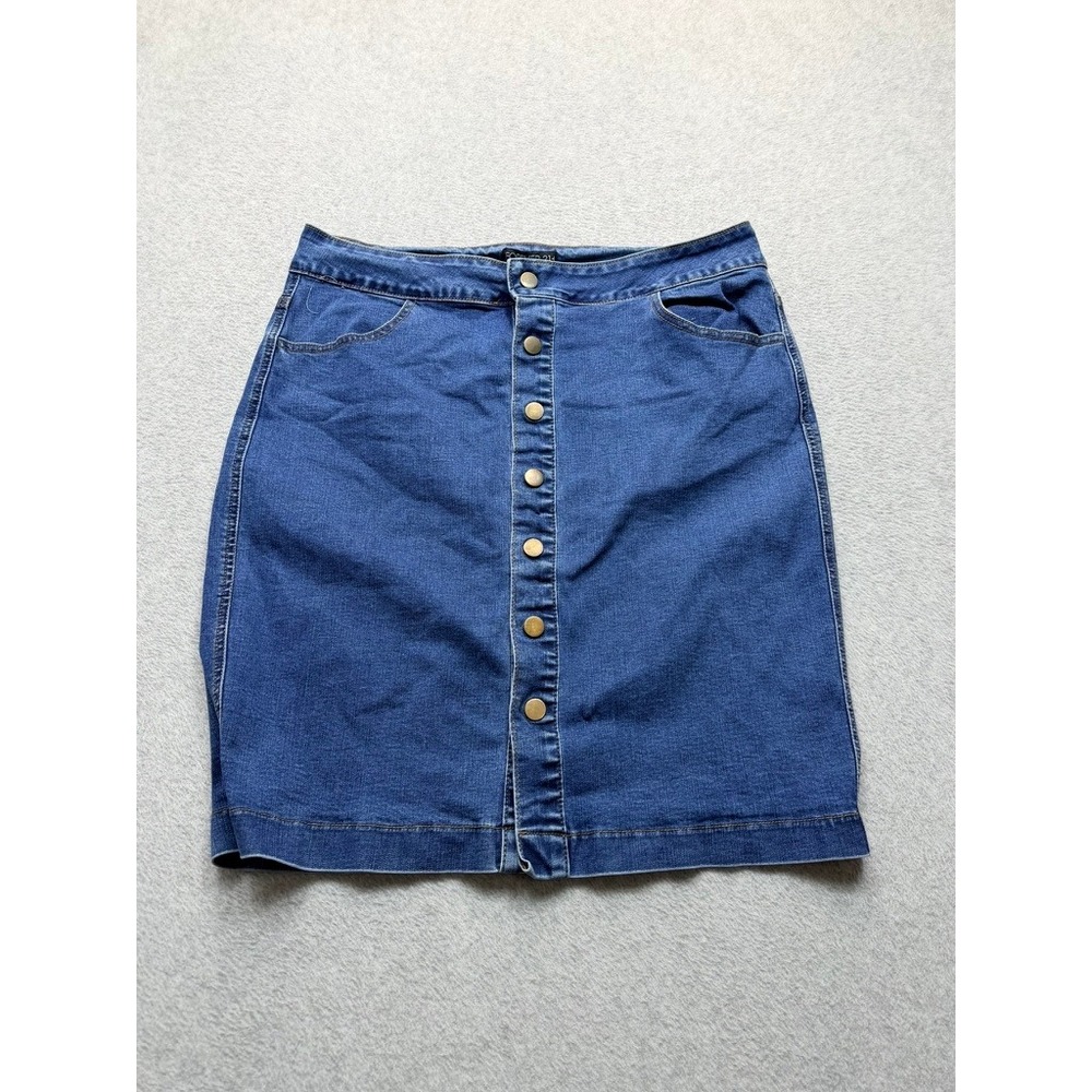 Forever 21 Plus Women Blue Denim Button Front Mini Skirt Size 1X 14 Stretch